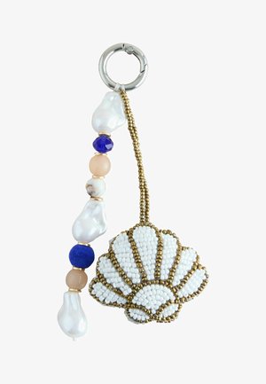Keychain with a beaded white seashell pendant and a strand of mixed beads in white, blue, peach, and gold attached to a silver ring.