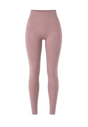 Legginsy bezszwowe z wysokim stanem w kolorze mauve, z prążkowanym pasem, gładką fakturą i pełną długością na białym tle.
