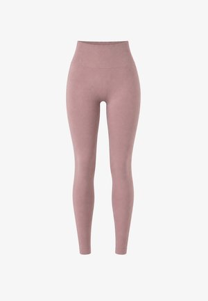 Hoch taillierte, mauve nahtlose Leggings mit geripptem Bund, glatter Textur und voller Länge vor weißem Hintergrund.