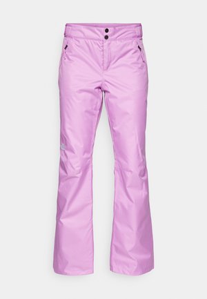 Wasserfeste rosa Schneehosen aus glattem, strapazierfähigem Stoff, mit zwei Vorderentaschen, einem Reißverschluss und zwei Knöpfen zum Schließen.