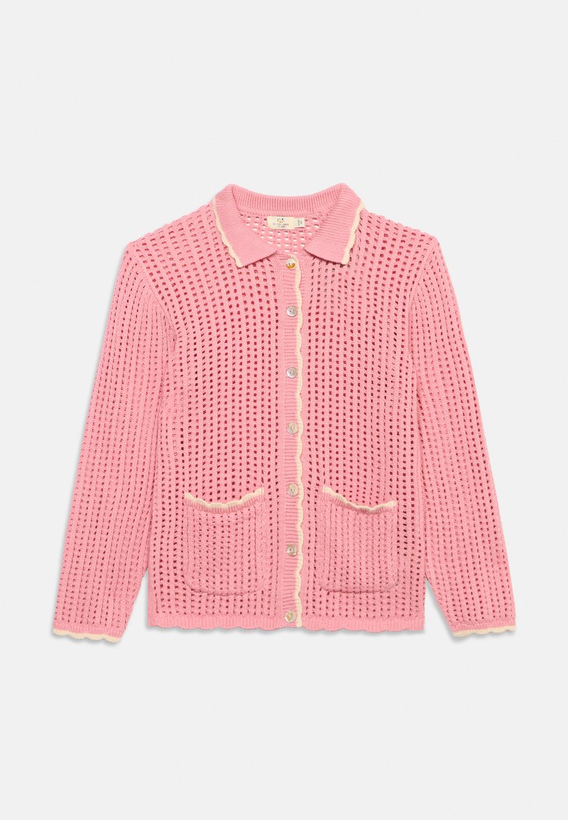 Roosa kootud kardigan nööpidega ees, laineliste äärte, kahe ees oleva tasku ja kraega, millel on tekstureeritud avatud kudumismuster.