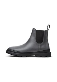 Botas de tobillo de cuero gris con un acabado suave, paneles laterales elásticos y una suela de goma negra texturizada. Presentan una lengüeta para facilitar el calzado.