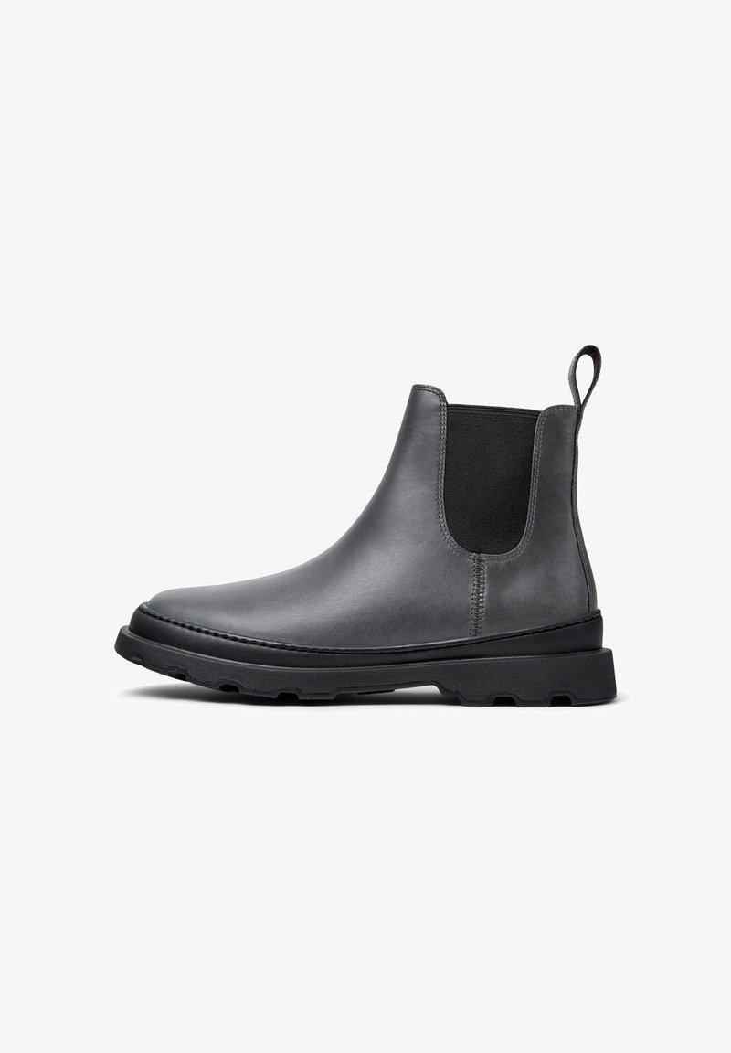 Gray leather ankle boots with a smooth finish, elastic side panels, and a textured black rubber sole. Features a pull tab for easy wear.