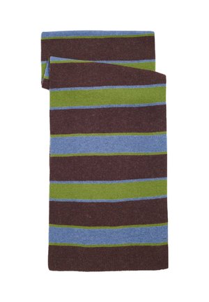 Sciarpa di tessuto piegata con strisce orizzontali nei colori marrone, verde e blu su uno sfondo bianco.