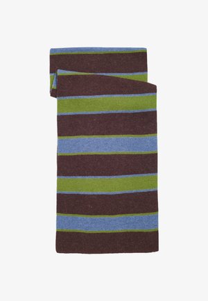 Sciarpa di tessuto piegata con strisce orizzontali nei colori marrone, verde e blu su uno sfondo bianco.