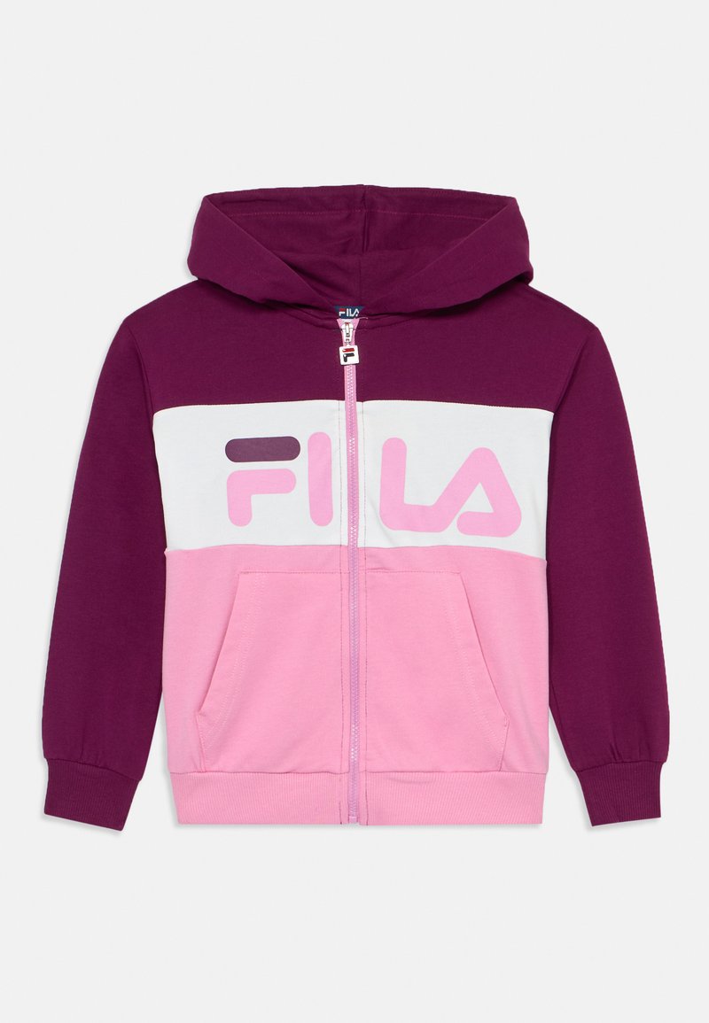 Sweat à capuche zippé violet et rose avec un panneau central blanc. Il possède une fermeture éclair avant, des poches avant et un grand logo "FILA" en rose.