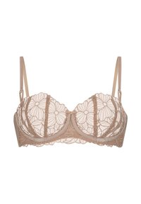 Beige pitsi rinnahoidja lillemotiividega. Muudab aluspesu vähem nähtavaks tänu kaarjoonega tassidele, reguleeritavatele rihmadele ja sileda, pehme tekstuuriga. Elegantne disain.