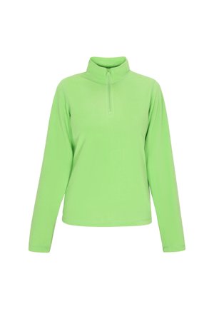 Lichtgroene fleece trui met hoge kraag en een kwartlange rits. Lange mouwen en een gladde textuur. Geen zichtbare patronen of accenten.