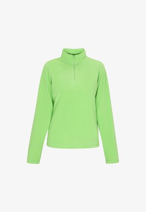 Világoszöld bolyhos pulóver magas gallérral és negyedhosszú cipzárral. Hosszú ujjú és sima textúrájú. Nincs látható minta vagy díszítés.