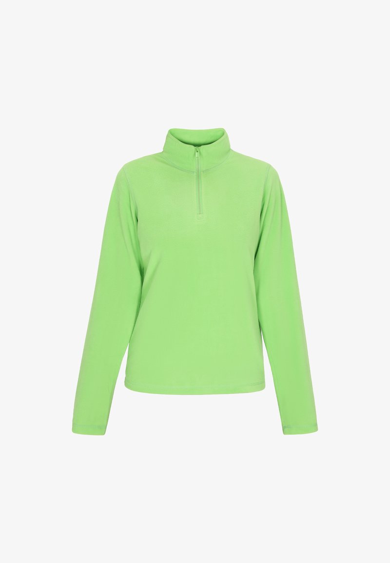 Pullover in pile verde chiaro con colletto alto e zip a un quarto. Maniche lunghe e texture liscia. Nessun motivo o accentuazione visibile.