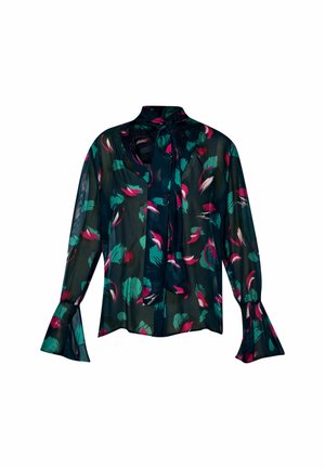 Blusa floreale trasparente con scollo a cravatta, caratterizzata da uno sfondo verde scuro e motivi di foglie colorate in rosa, verde e bianco. Maniche svasate.