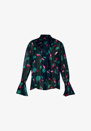 Blusa floreale trasparente con scollo a cravatta, caratterizzata da uno sfondo verde scuro e motivi di foglie colorate in rosa, verde e bianco. Maniche svasate.