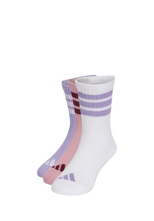 Trois paires de chaussettes mi-mollet en blanc, rose et violet, chacune avec deux bandes horizontales près du haut et un logo sur les orteils.