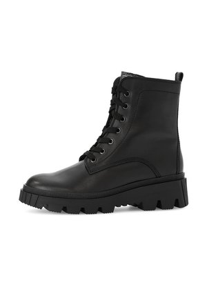 Black ankle boots made of smooth leather with a rugged rubber sole, featuring lace-up front, padded collar, and textured accents.