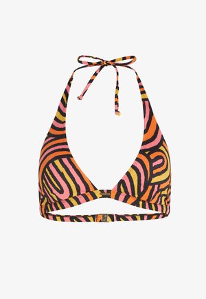 Multikleurige bikinitop met een driehoekige vorm, voorzien van gedurfde strepen in roze, oranje, geel en zwart. Het wordt vastgebonden in de nek en aan de achterkant.