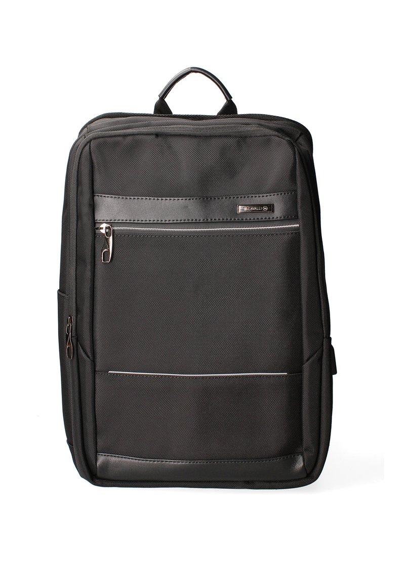 Zaino nero con superficie testurizzata, dotato di tasca anteriore con zip, tasca laterale e maniglia imbottita. Realizzato in nylon resistente.