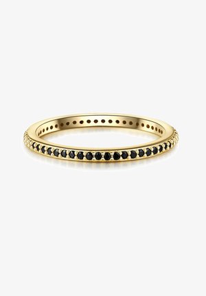 Aranyszínű gyűrű fekete kövekkel, texturált szalagon, kör alakú nyílásokkal a belső szélen, amelyek a dizájn részleteit szolgálják.