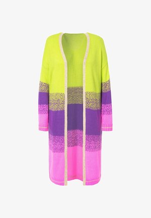 Knitted long cardigan featuring vibrant green, purple, and pink horizontal stripes, with a beige edge trim and ribbed cuffs.