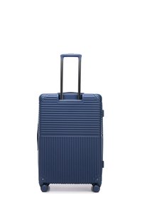 Valise rigide navy avec texture à rainures verticales, deux roues à roulement fluide, une poignée télescopique et une poignée de transport supérieure.
