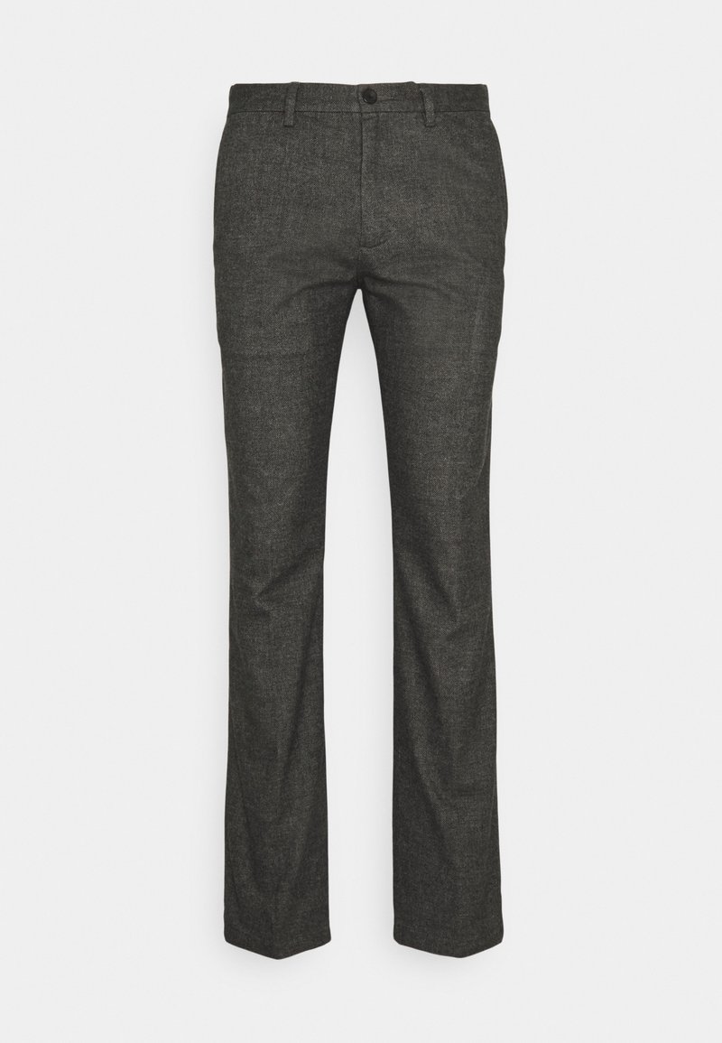 Pantalon pour homme ajusté de couleur gris foncé, jambes droites, passants pour ceinture et fermeture à bouton sur le devant, sur un fond blanc uni.