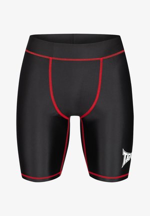 Schwarze Schwimmshorts aus glattem Material mit roten Nähten. Verfügt über einen enganliegenden Sitz und ein weißes Logo auf der linken unteren Seite.