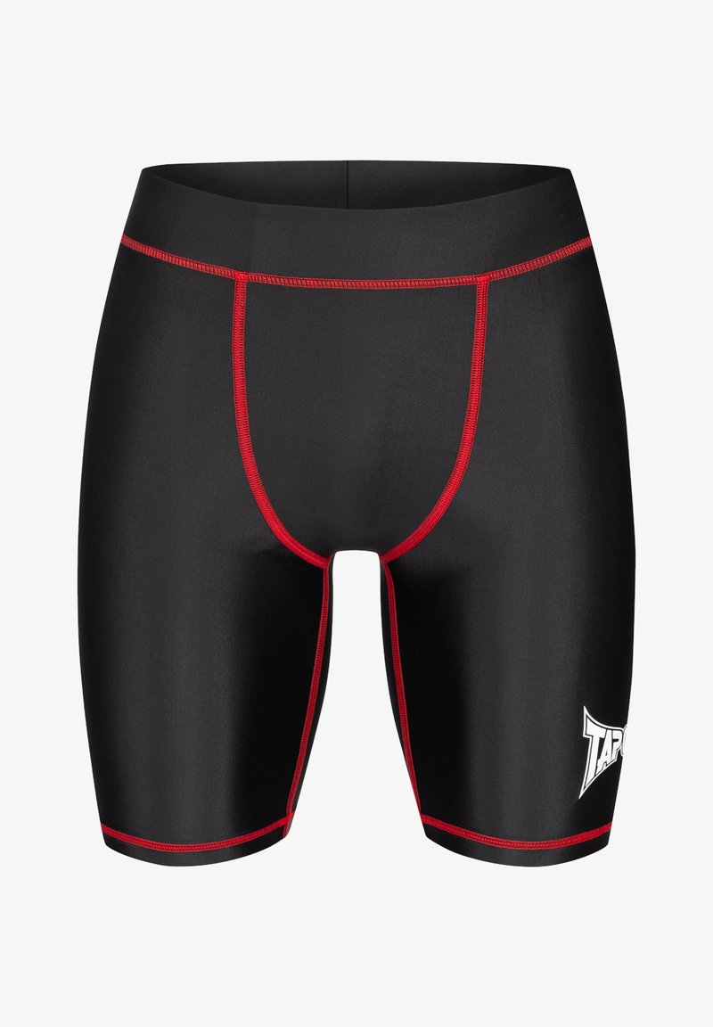 Black swim shorts made of smooth material with red stitching. Features a snug fit and a white logo on the lower left side.