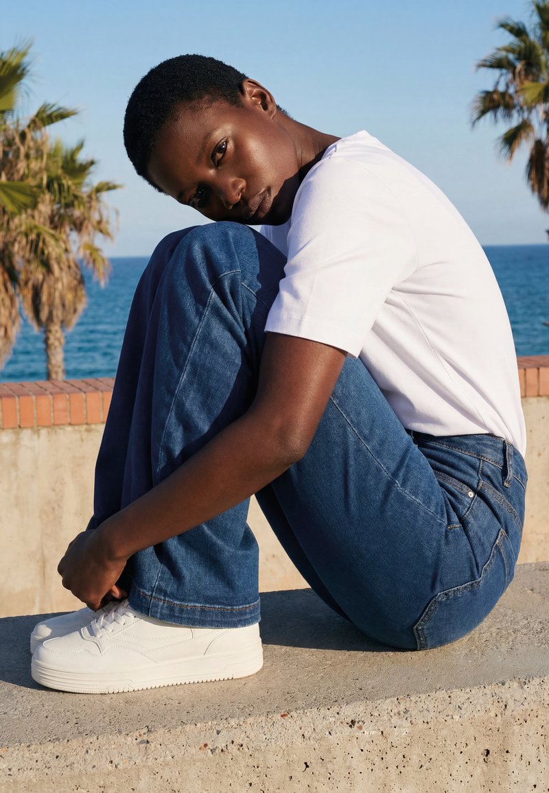 Ung person i hvit t-skjorte, blå jeans og hvite joggesko som sitter sammenkrøllet på en betongkant ved havet med palmer i bakgrunnen.