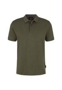 Olivgrünes Poloshirt aus weichem Baumwollstoff, mit einer Knopfleiste mit drei Knöpfen, kurzen Ärmeln und einem dezenten gerippten Kragen.