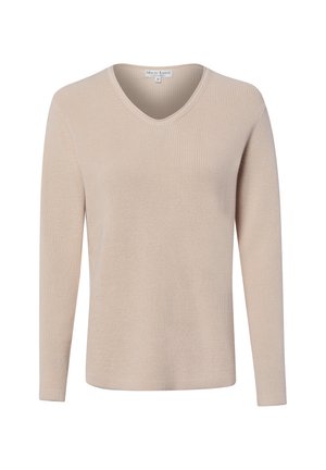 Pull beige en maille à manches longues avec col en V et une petite étiquette à l'intérieur du col portant la mention "Marie Lund Copenhagen S."