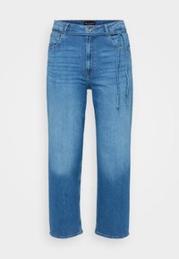 Light blue denim jeans with a relaxed fit, straight legs, mid-rise waist, and adjustable tie detail at the front. Smooth texture.