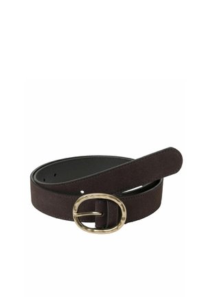 Dark brown suede belt with a rounded, hammered gold metal buckle, rolled in a loose coil on a white background.