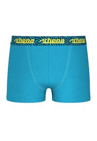 Boxers turquoise avec une ceinture à motifs noirs et jaunes portant le nom de la marque "athena". Tissu en coton doux avec des coutures cousues.