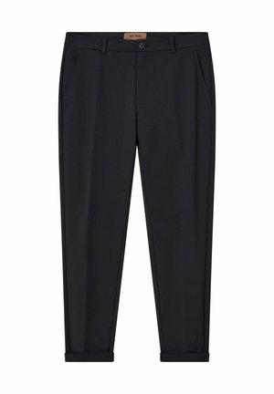 Dunkelblaue Hose aus weichem Stoff mit Seitentaschen, Knopfverschluss und aufgerollten Säumen für einen maßgeschneiderten Look.