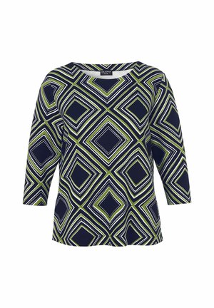 Langarm-Oberteil mit rundem Ausschnitt und grünem, marineblauem und weißem geometrischem Diamantmuster, das den Stoff bedeckt.