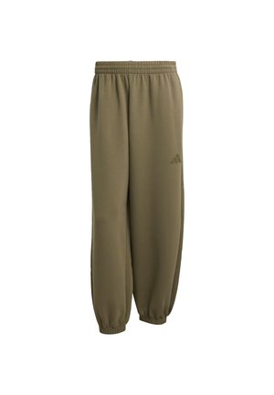 Pantalons de survêtement vert olive en tissu doux, dotés d'une taille élastique et de poignets élastiques, avec un logo discret imprimé sur le côté.