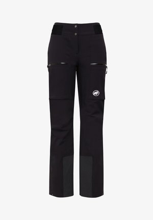 Schwarze Outdoor-Hosen mit hoher Taille, Fronttaschen mit Reißverschlüssen und einem gemusterten strukturierten unteren Bereich. Mit einem Logo-Patch an der Hüfte.