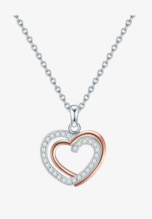 Strieborný retiazkový náhrdelník s príveskom vo forme srdca, striedajúci ružovo-zlaté a strieborné tóny, doplnený priehľadnými drahokamami pozdĺž okrajov.