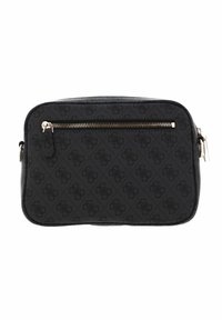Black rectangular bag with a zippered front pocket, featuring an embossed pattern and a smooth textured surface. Silver-tone hardware accents.