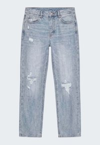 Jean en denim bleu clair avec jambes droites et déchirures intentionnelles aux cuisses et aux genoux, avec poches avant et passants de ceinture.