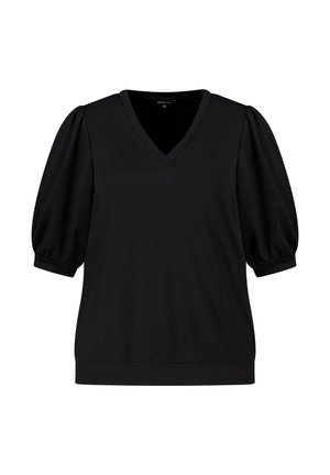 Zwarte blouse met korte mouwen, V-hals en opgeblazen mouwen, losse pasvorm, geribbelde manchetten en zoom, maat medium.