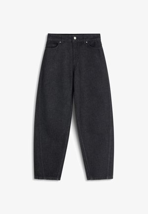 Czarne dżinsy o wysokim stanie z tapered nogawką, pięcioma kieszeniami, z przodem na guziki i pętlami na pasek.