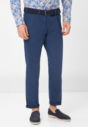 Navy blue trousers with a straight fit, featuring a woven belt and cuffed hems. The fabric is smooth with a casual design.