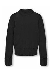 Musta neulepaita korkean kaulan kanssa, lyhennetty muotoilu, joustavat hihansuut ja teksturoitu viimeistely. Rennoissa mitoissa, jossa olkalinjat ovat laskettuja.