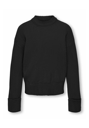 Schwarzer gestrickter Pullover mit hohem Kragen, verkürztem Design, gerippten Bündchen und strukturierter Oberfläche. Lockere Passform mit abfallenden Schulternähten.