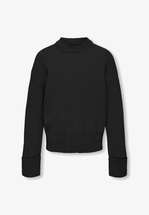 Schwarzer gestrickter Pullover mit hohem Kragen, verkürztem Design, gerippten Bündchen und strukturierter Oberfläche. Lockere Passform mit abfallenden Schulternähten.