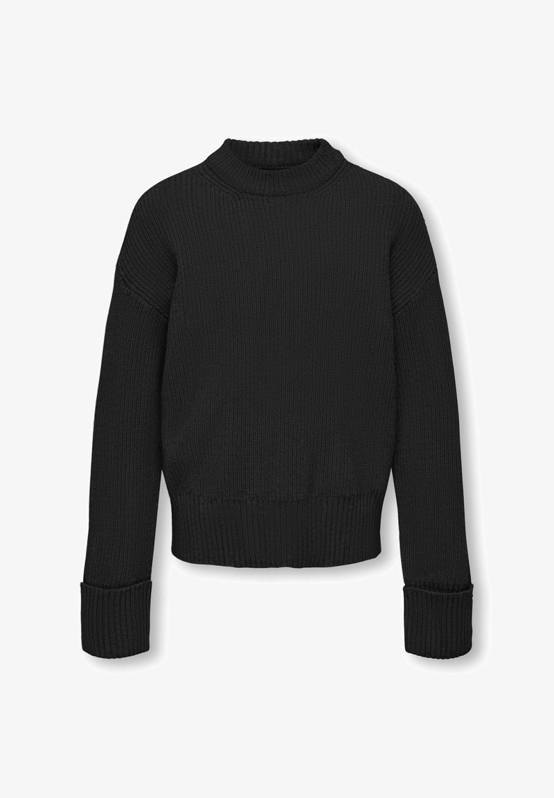 Musta neulepaita korkean kaulan kanssa, lyhennetty muotoilu, joustavat hihansuut ja teksturoitu viimeistely. Rennoissa mitoissa, jossa olkalinjat ovat laskettuja.