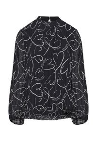 Blusa nera con motivi a cuore bianchi e testo scritto a mano. Maniche lunghe a palloncino con polsini arricciati. Collo alto con chiusura a bottone.