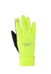 Swedemount-handschoenen met felgele stof aan de bovenkant en zwart gestructureerd materiaal op de palm, met een logo en een stroomsymbool op de wijsvinger.