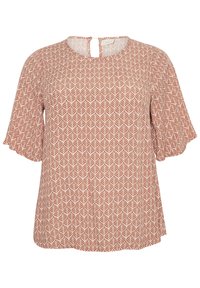 Rust-colored blouse with white leaf pattern, short flutter sleeves, round neckline, and a small button closure at the back.