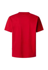 Red cotton t-shirt with a plain design, short sleeves, standard crew neck, and a small logo at the back near the neckline.